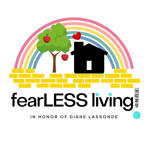Illustration signifying the mission of The FearLESS Living Fund: a home full of love, a growing apple tree, and a large rainbow along The Yellow Brick road.